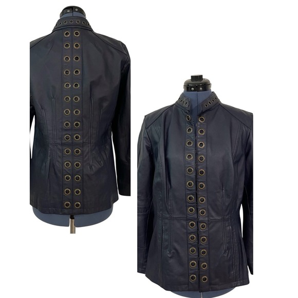 Vtg Hot in Hollywood Blue Leather Jacket Grommet Front Back Y2K Moto Grunge M - Picture 1 of 14